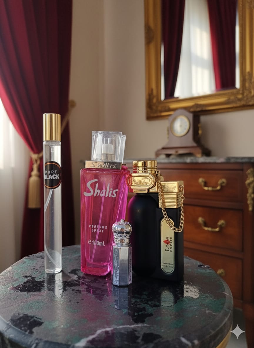 Collection of perfume bottles on a round table with a mirror and clock in the background.