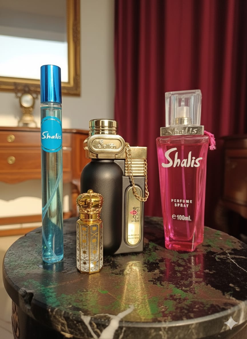 Collection of Shalis perfume bottles on a table with a blurred background