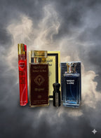 Collection of perfume bottles with smoke effect on a dark background