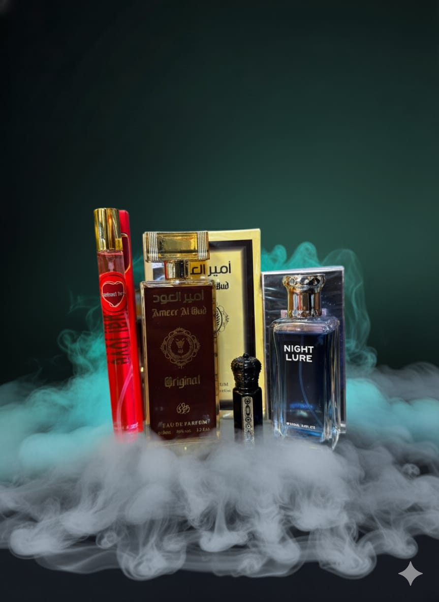 Collection of perfume bottles with a dark background and smoke effect
