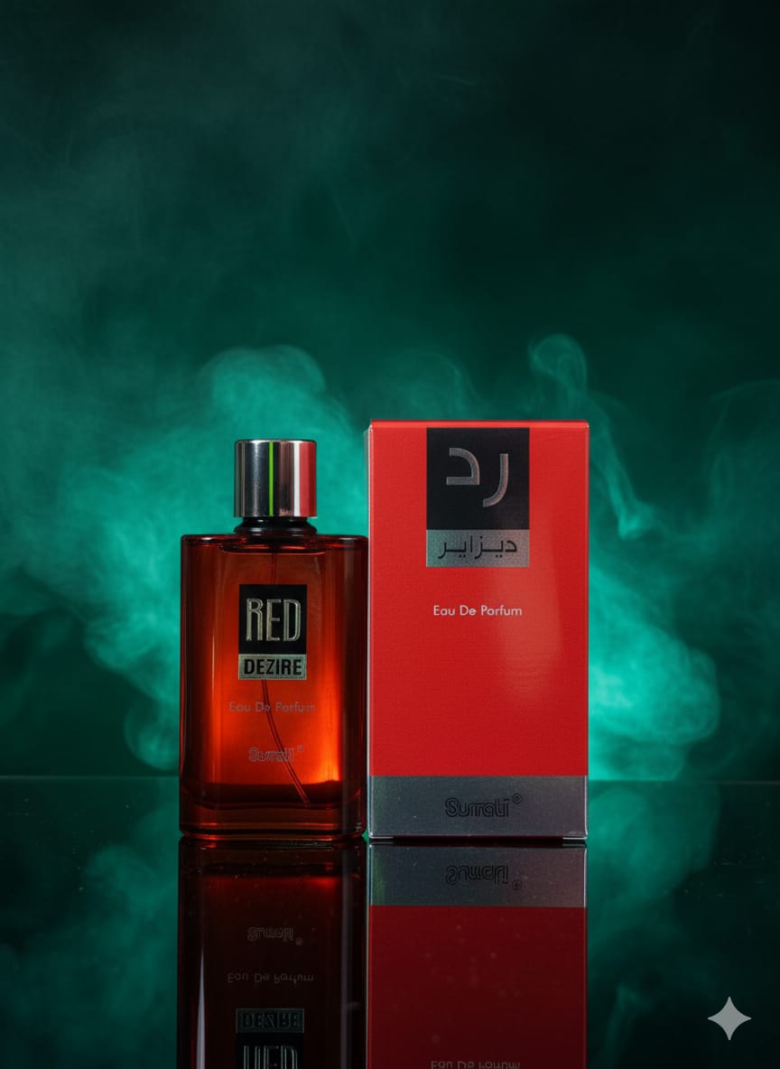 Perfume bottle and packaging with 'D'J' branding on a dark background